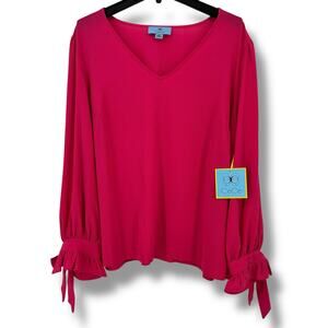 CeCe Ruffle Tie Sleeve V Neck Blouse Shirt Womens Plus Size 2X Bright Rose Pink